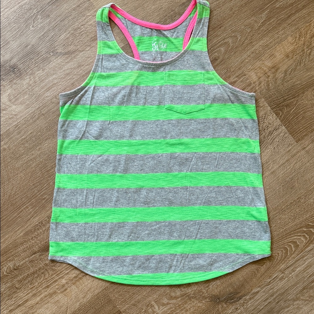 Justice Girls Striped Bright Green and Gray Tank Top, Size 12